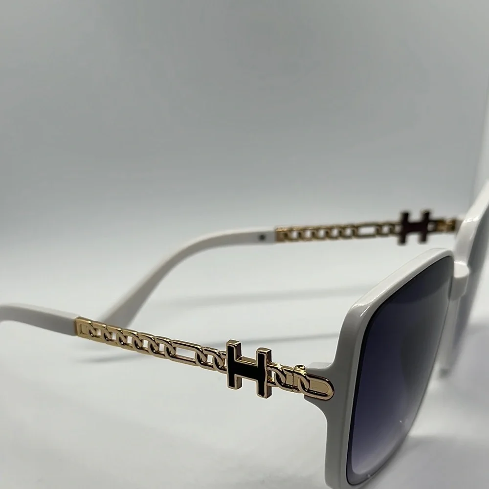 Chic Oversized Square Sunglasses - White Frame, Gold Accents, UV Protection NWT